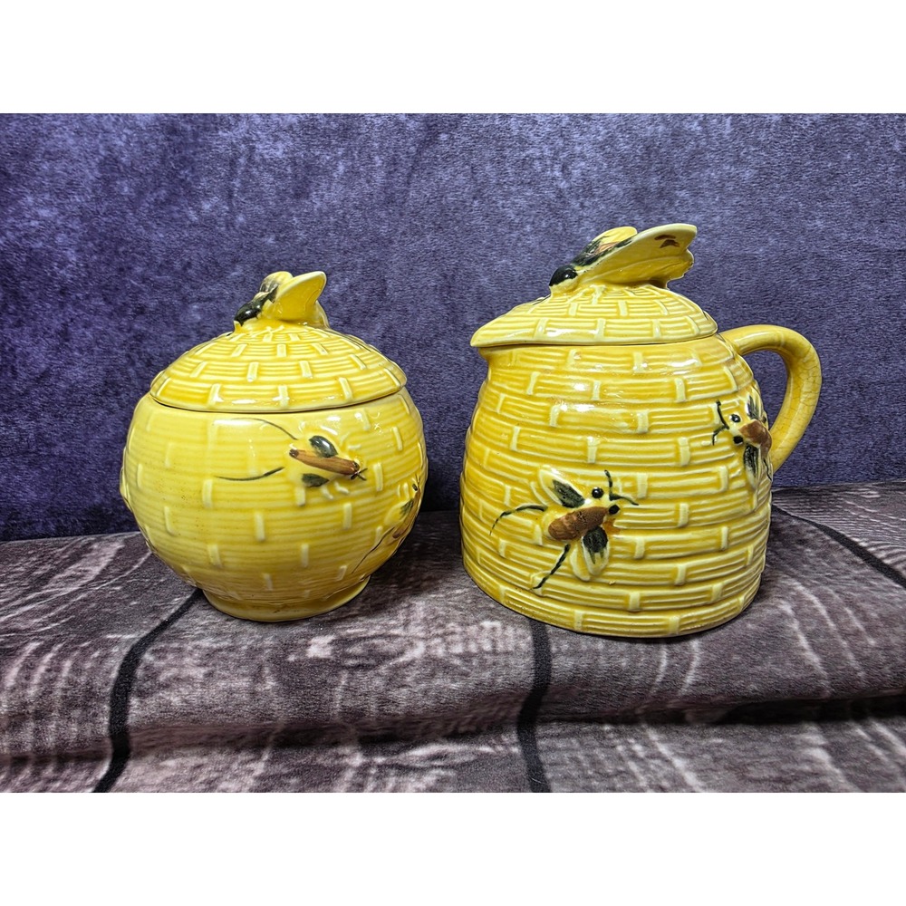 Vintage Yellow Beehive Ceramic Sugar Bowl and Creamer Set with Bees Skep Design‎